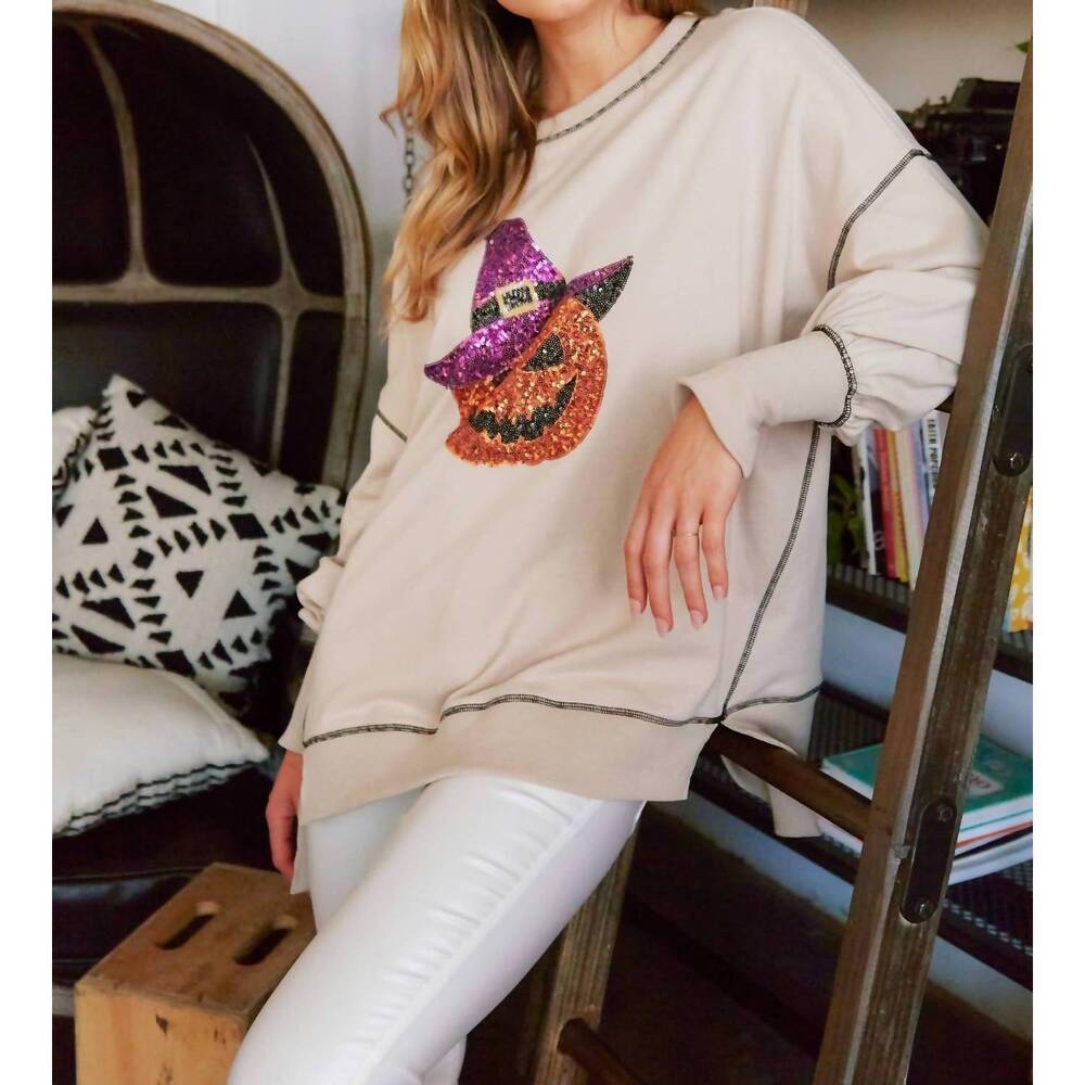NEW FANTASTIC FAWN sequin halloween pumpkin patch knit sweatshirt in tan - Picture 6 of 7